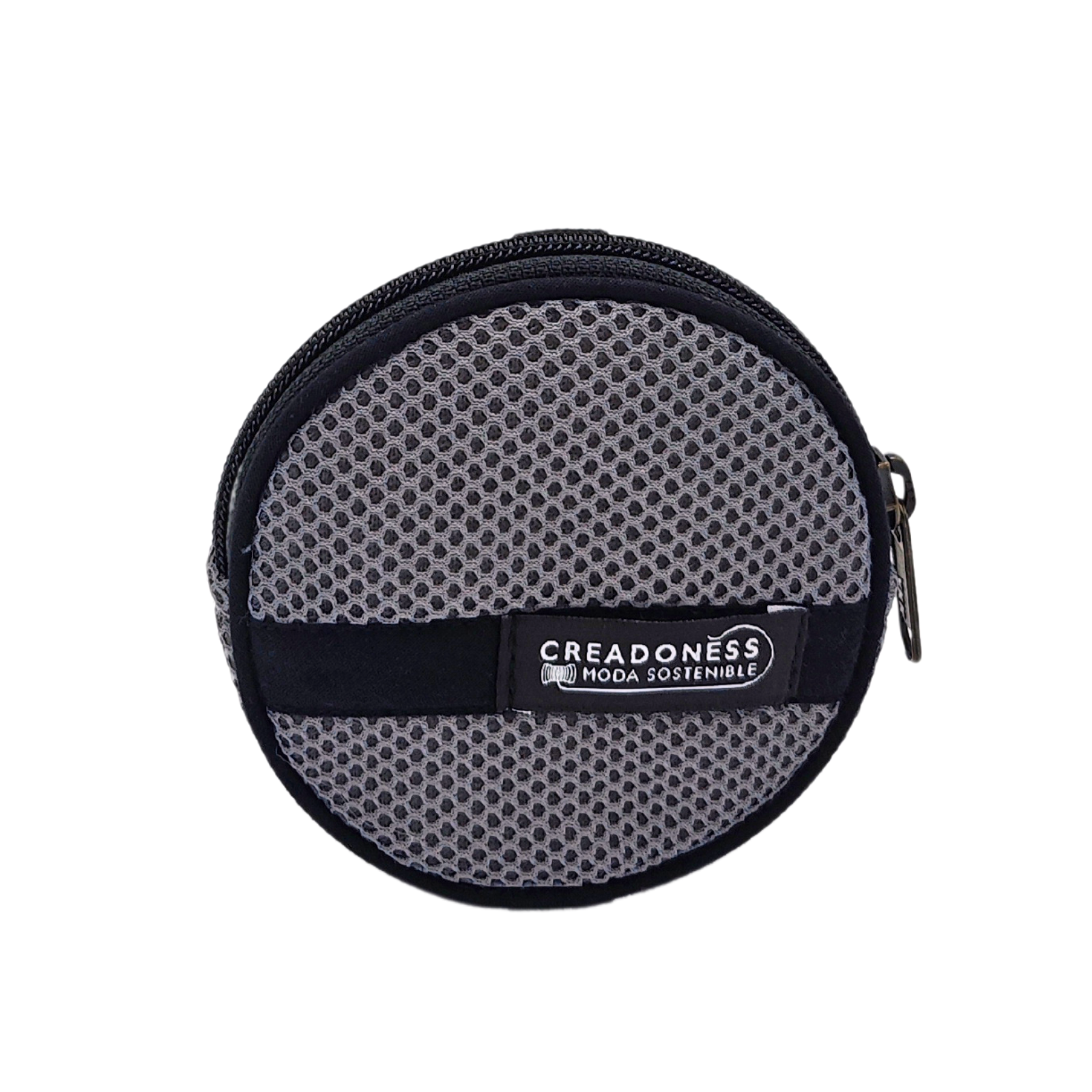 Compra nuestro monedero gris hecho a mano con tejido 3D y material reciclado, elaborado artesanalmente por las mujeres del Programa Social de Creadoness.