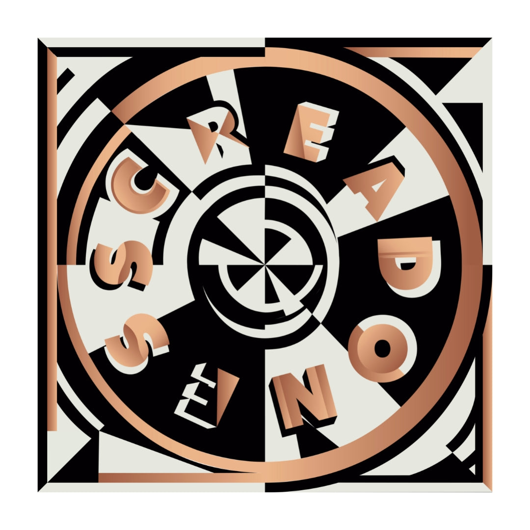 Mediano pañuelo de tela de raso, de moderado brillo que destacan los colores de la estampa. El tejido posee un gramaje que le aporta suave caída. La espampa es una diana geométrica asimétrica en blanco, negro y dorado. El diseño es de Diana Kim.