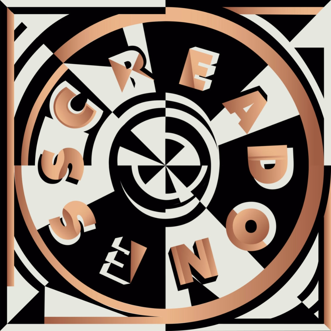 Grande pañuelo de tela de raso, de moderado brillo que destacan los colores de la estampa. El tejido posee un gramaje que le aporta suave caída. La espampa es una diana geométrica asimétrica en blanco, negro y dorado. El diseño es de Diana Kim.