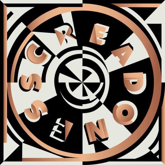 Grande pañuelo de tela de raso, de moderado brillo que destacan los colores de la estampa. El tejido posee un gramaje que le aporta suave caída. La espampa es una diana geométrica asimétrica en blanco, negro y dorado. El diseño es de Diana Kim.